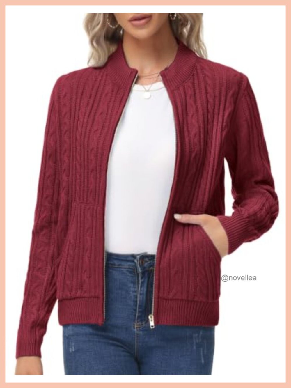 Women Zip Up Cable Knit Cardigan Chunky Sweater with Pockets